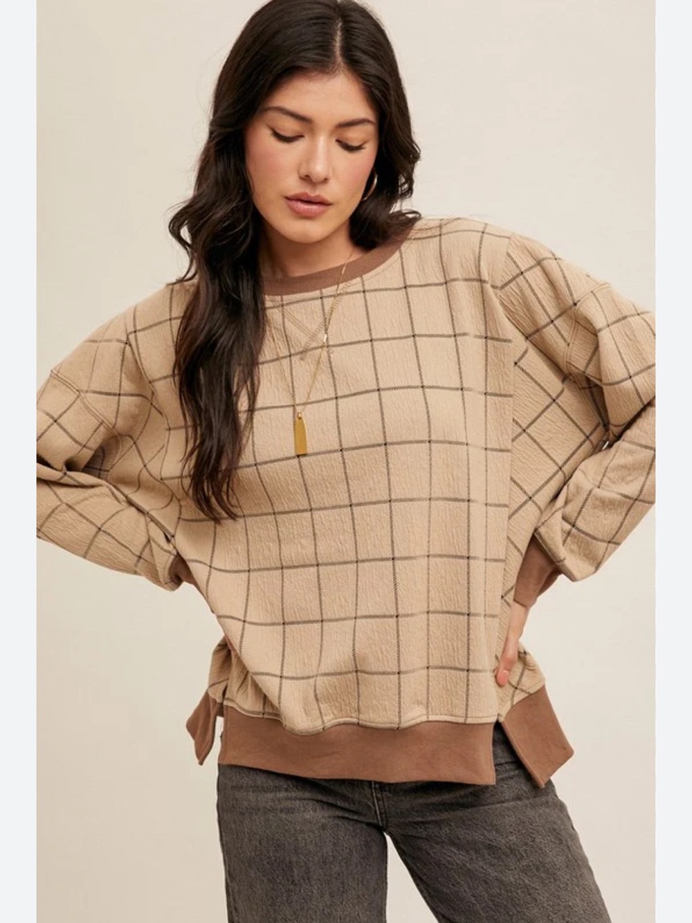 Hem & Thread Beige and Brown Windowpane Crew Neck Oversized Pullover